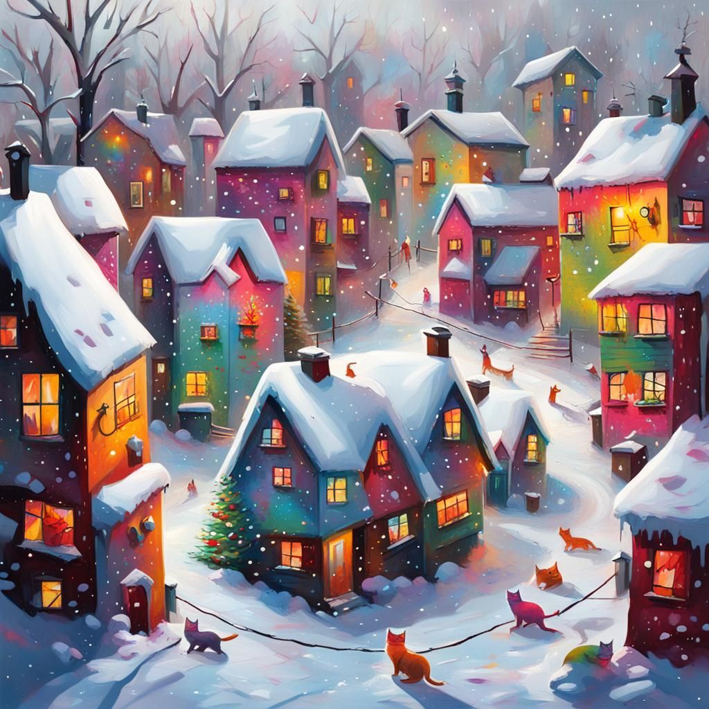 Festive Graffiti Cat in Snowy Christmas Village