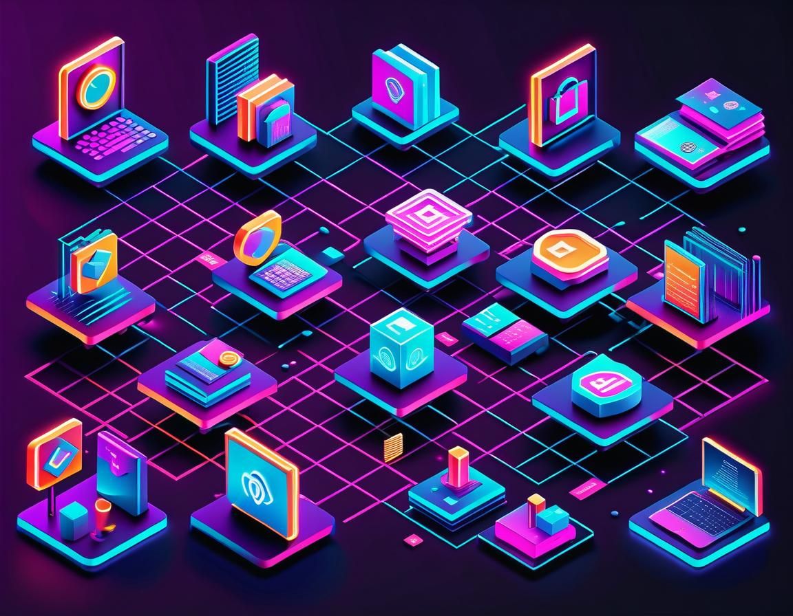 Vibrant Business Icons in Neon Isometric Grid Art