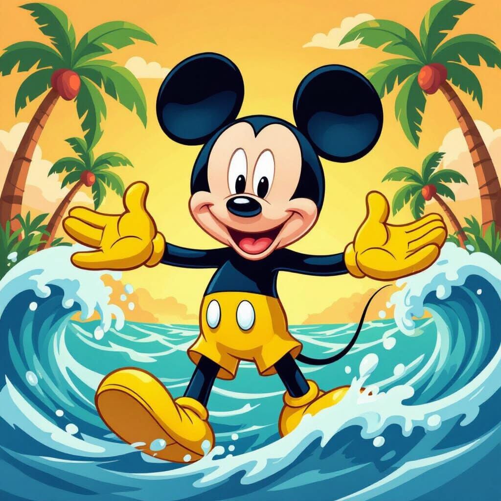 Cheerful Cartoon Character in Tropical Setting