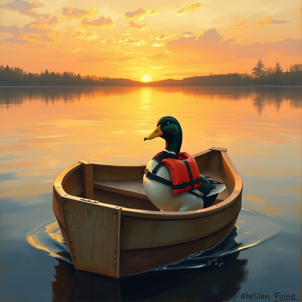 Duck in Boat on Lake, Wildlife Painting Style