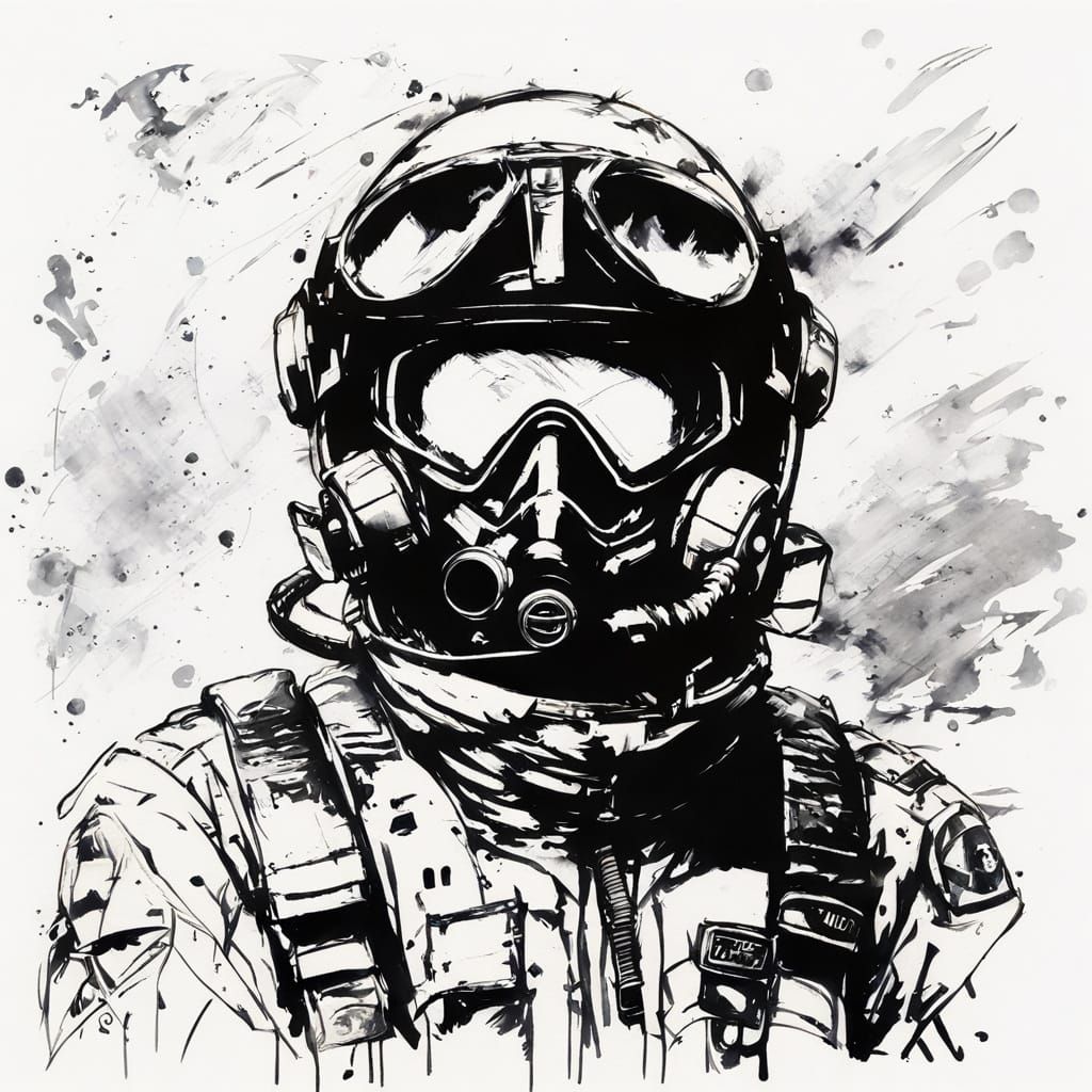 Jet Fighter Pilot Portrait in Black Ink Style