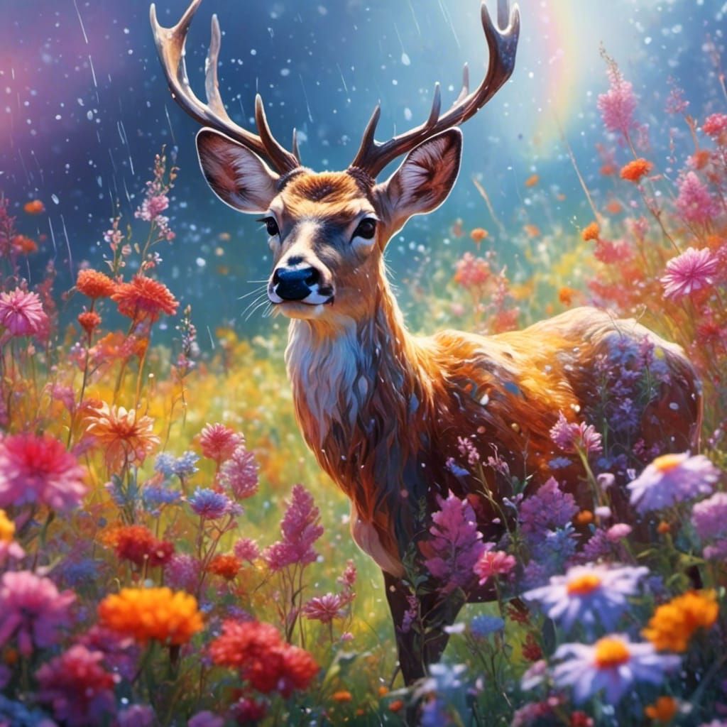 Deer in Rainy Flower Meadow with Rainbow