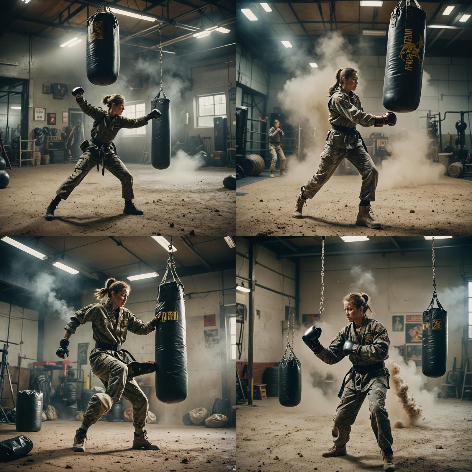 Dramatic Film Still of Soldier Kicking Punching Bag