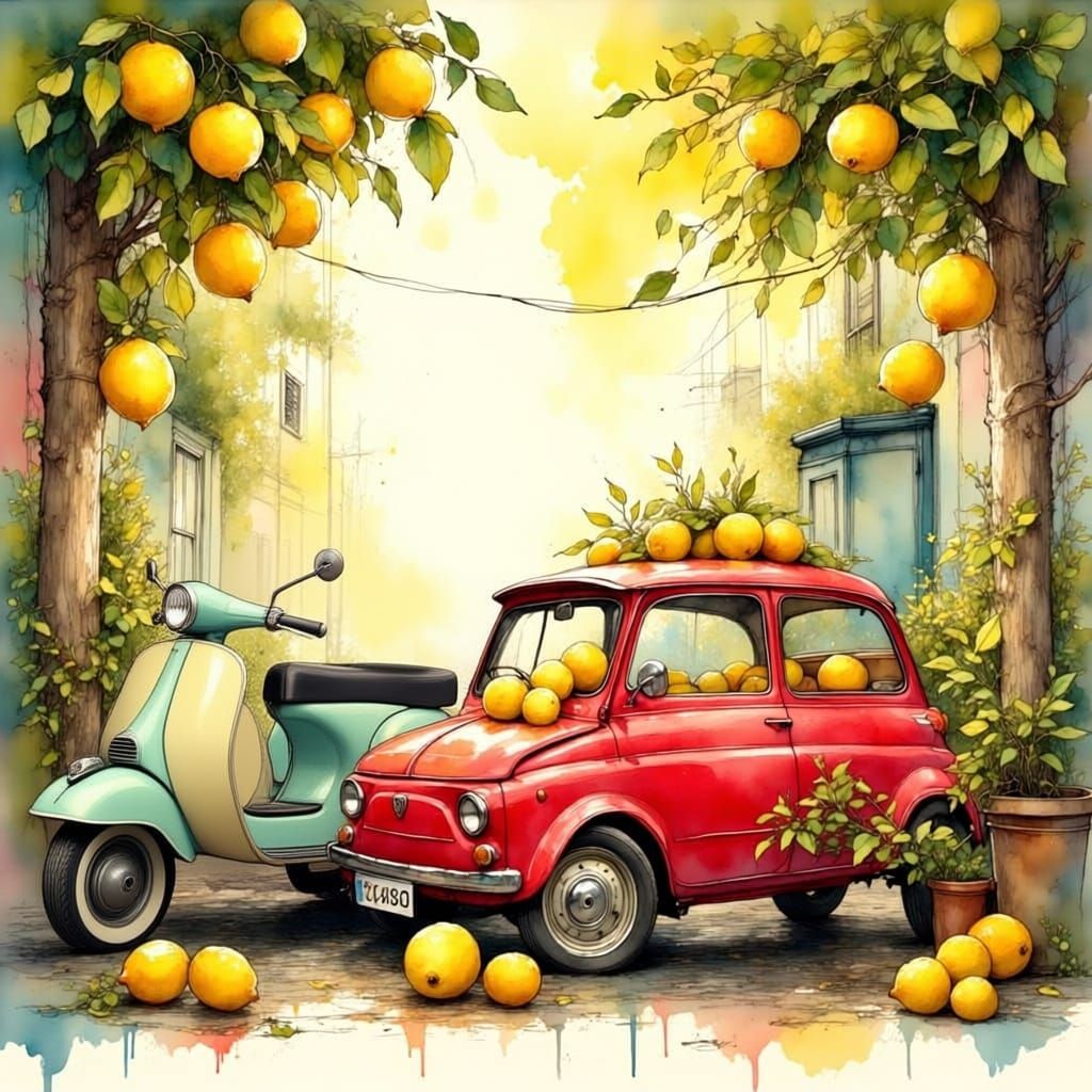Vintage Fiat 500 & Vespa Laden with Lemons