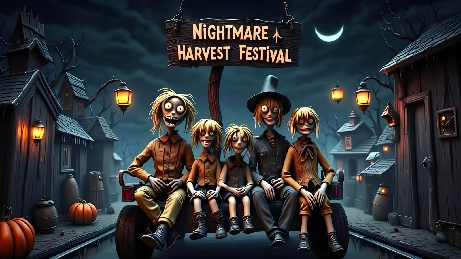 Creepy Claymation Scarecrow Family on Hayrack Ride