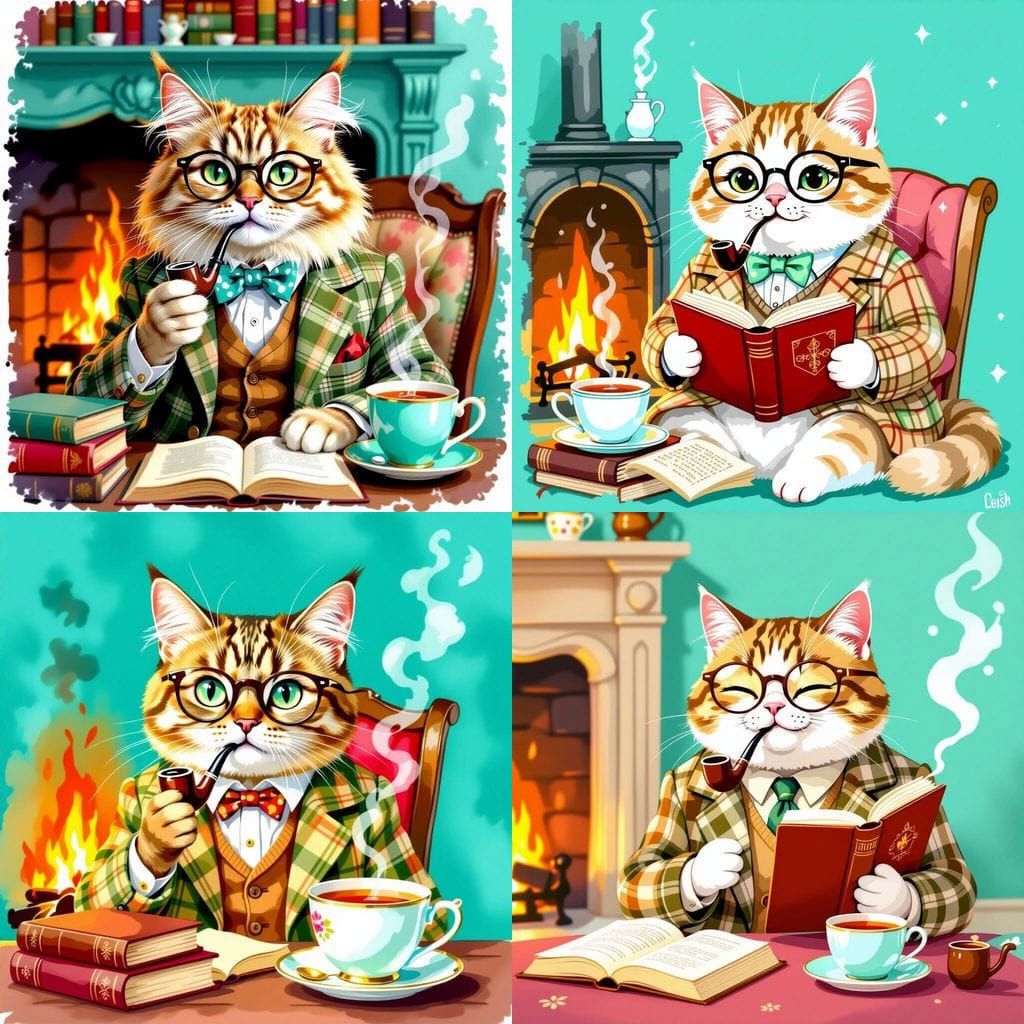 Boomer Cat Reading by Fireplace in Watercolor Style