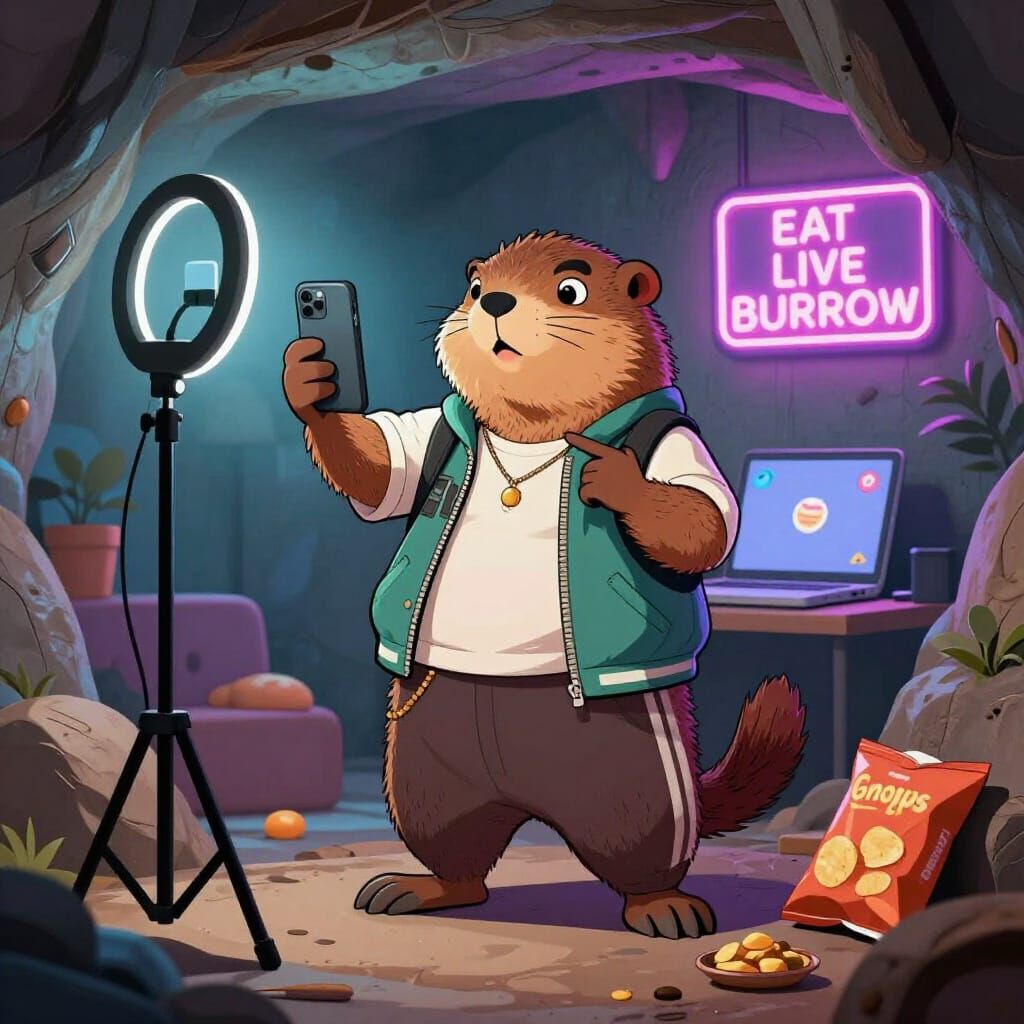 Groundhog Influencer Poses for Selfie in Cozy Burrow Studio