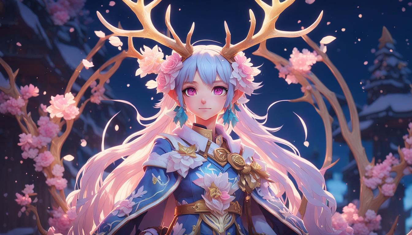 Anime Deer Girl with Sakura Antlers, Detailed Digital Art