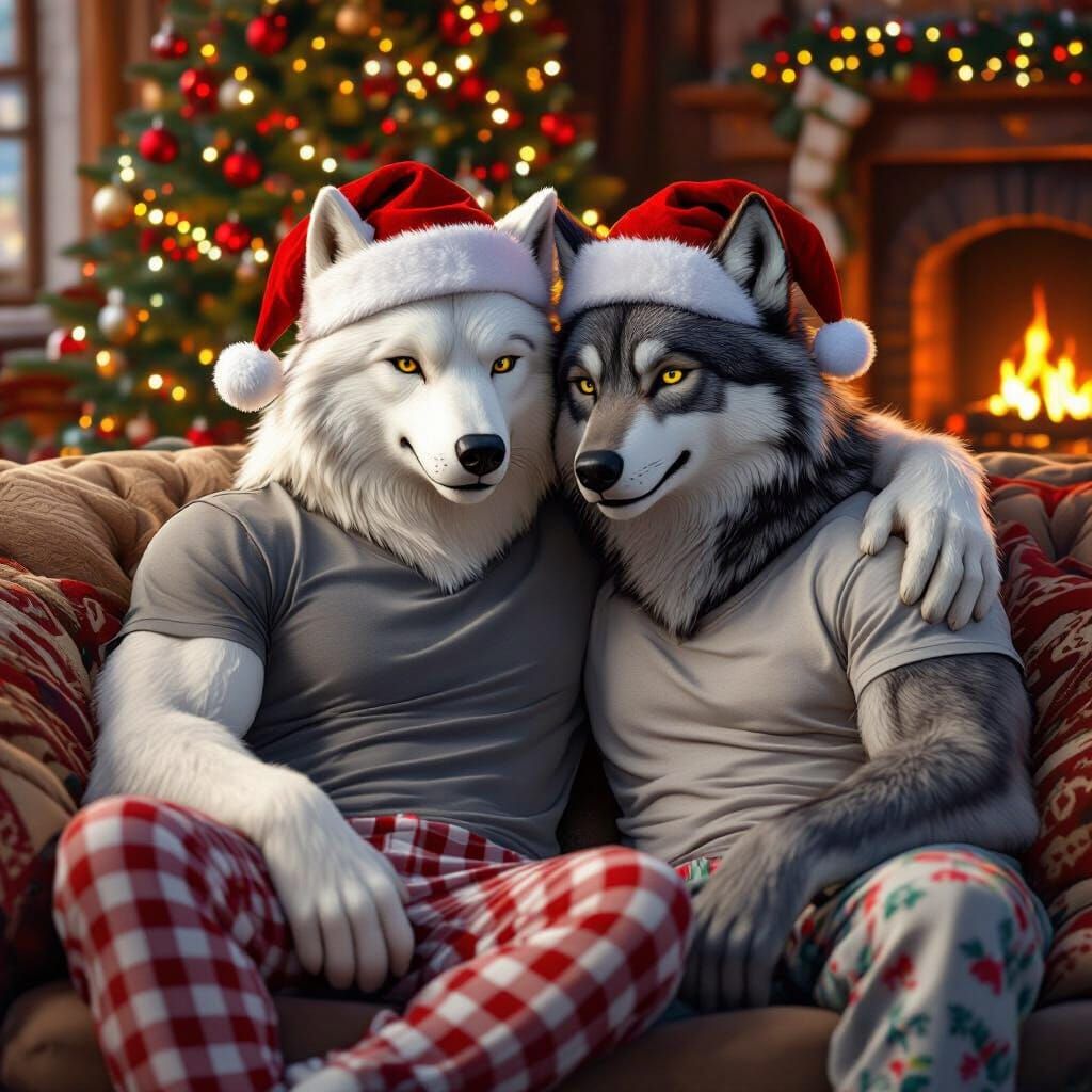Cozy Christmas Wolves Cuddle on Couch in Fantasy Art Style