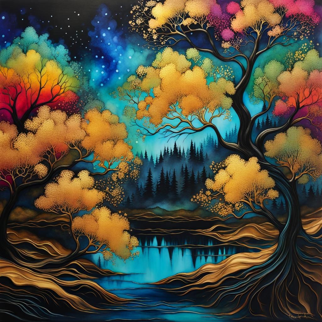 Dreamy Landscape with Gold Filigree in Alcohol Ink