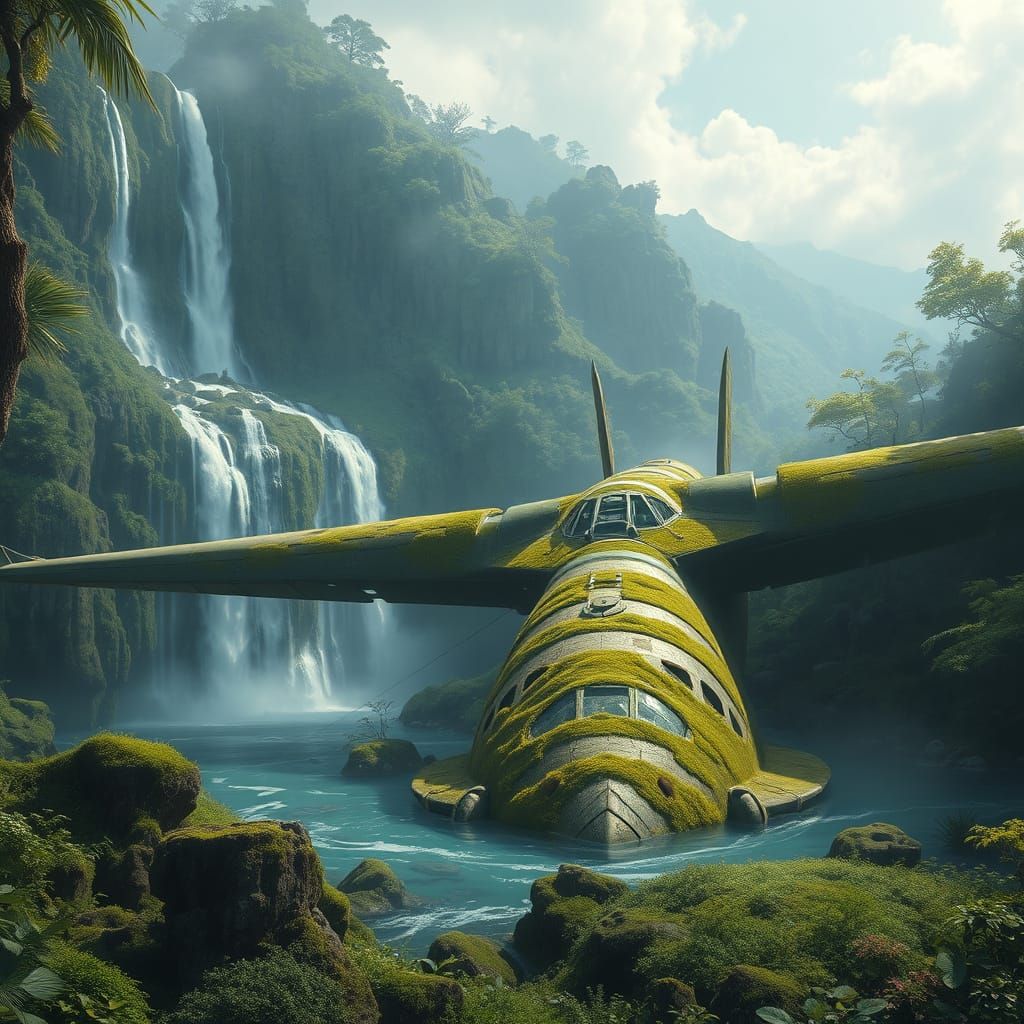 Stunning Abandoned War Plane Landscape with Waterfall