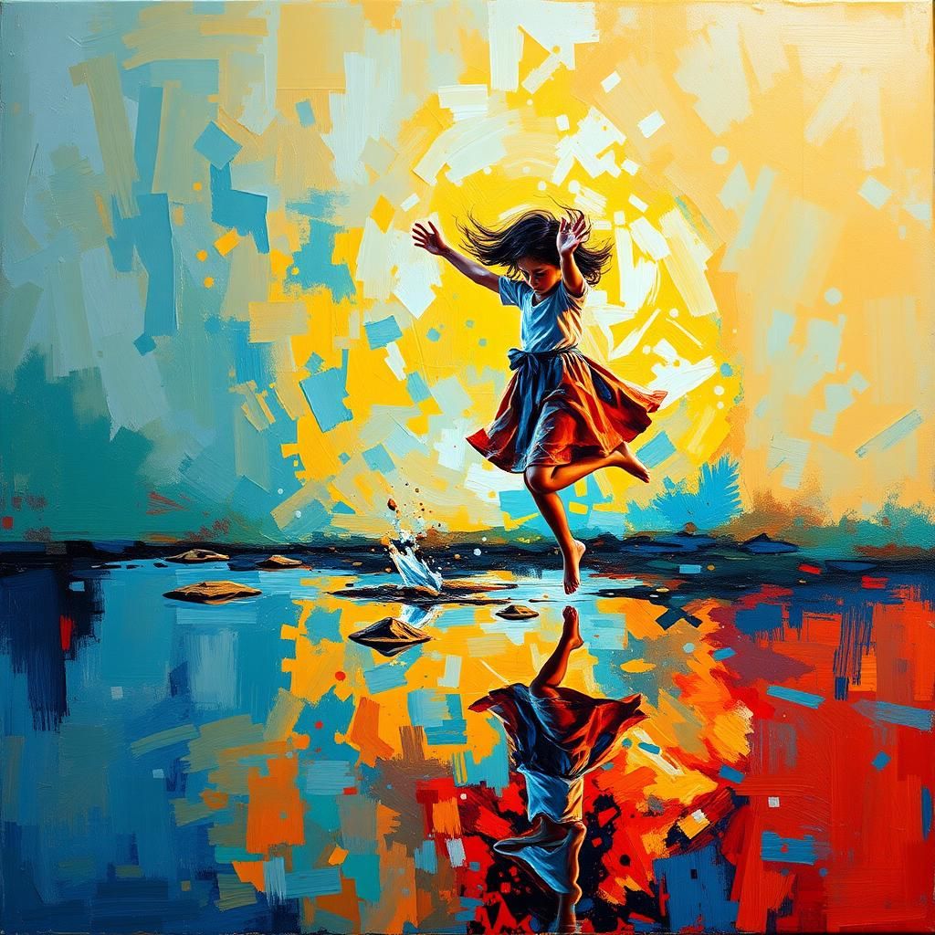 Girl in Puddle: Expressionist Impasto Oil Painting