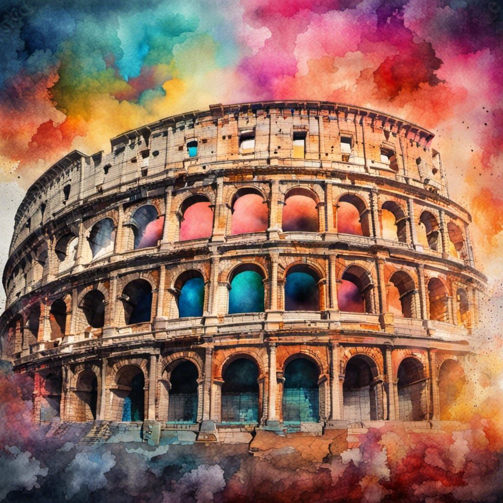 Vibrant Watercolor Flying Coliseum in HDR