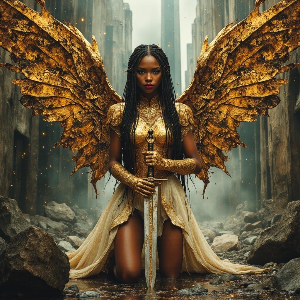 African Fairy Warrior in Dark Cyberpunk City