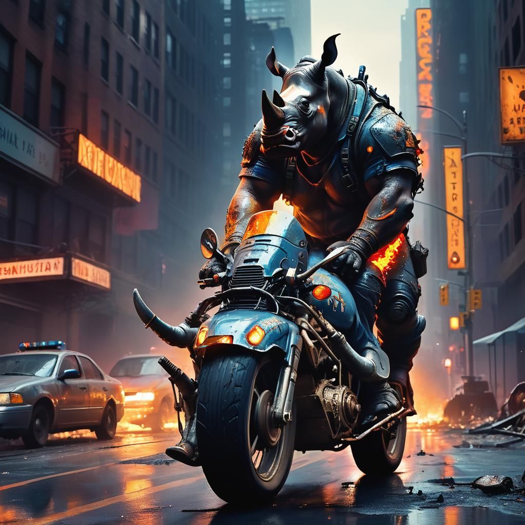 Rhinoceros Rides Bike Through Apocalyptic City