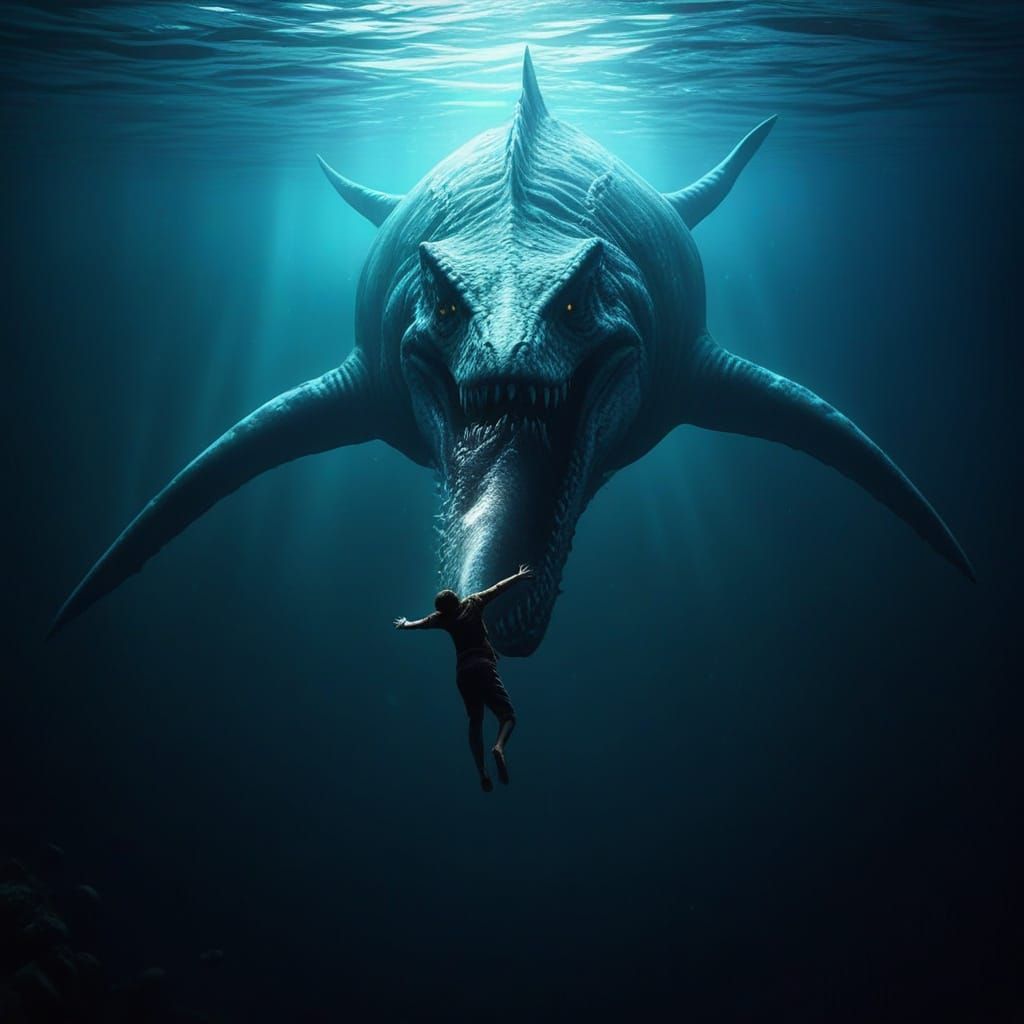 Surreal Underwater Nightmare with a Ghostly Mosasaur