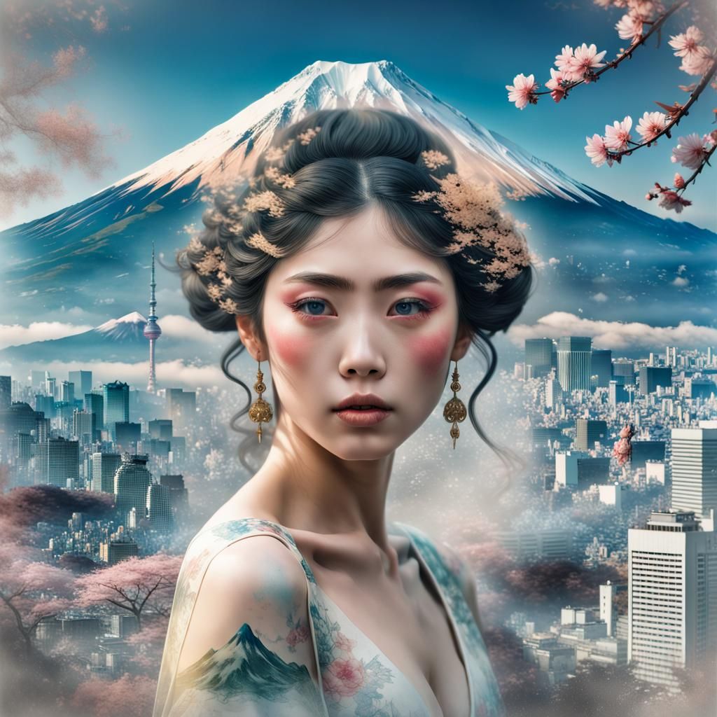 Tokyo Skyline Double Exposure in Rococo Style