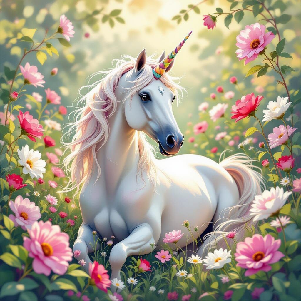 Whimsical Unicorn in Watercolor Floral Paradise
