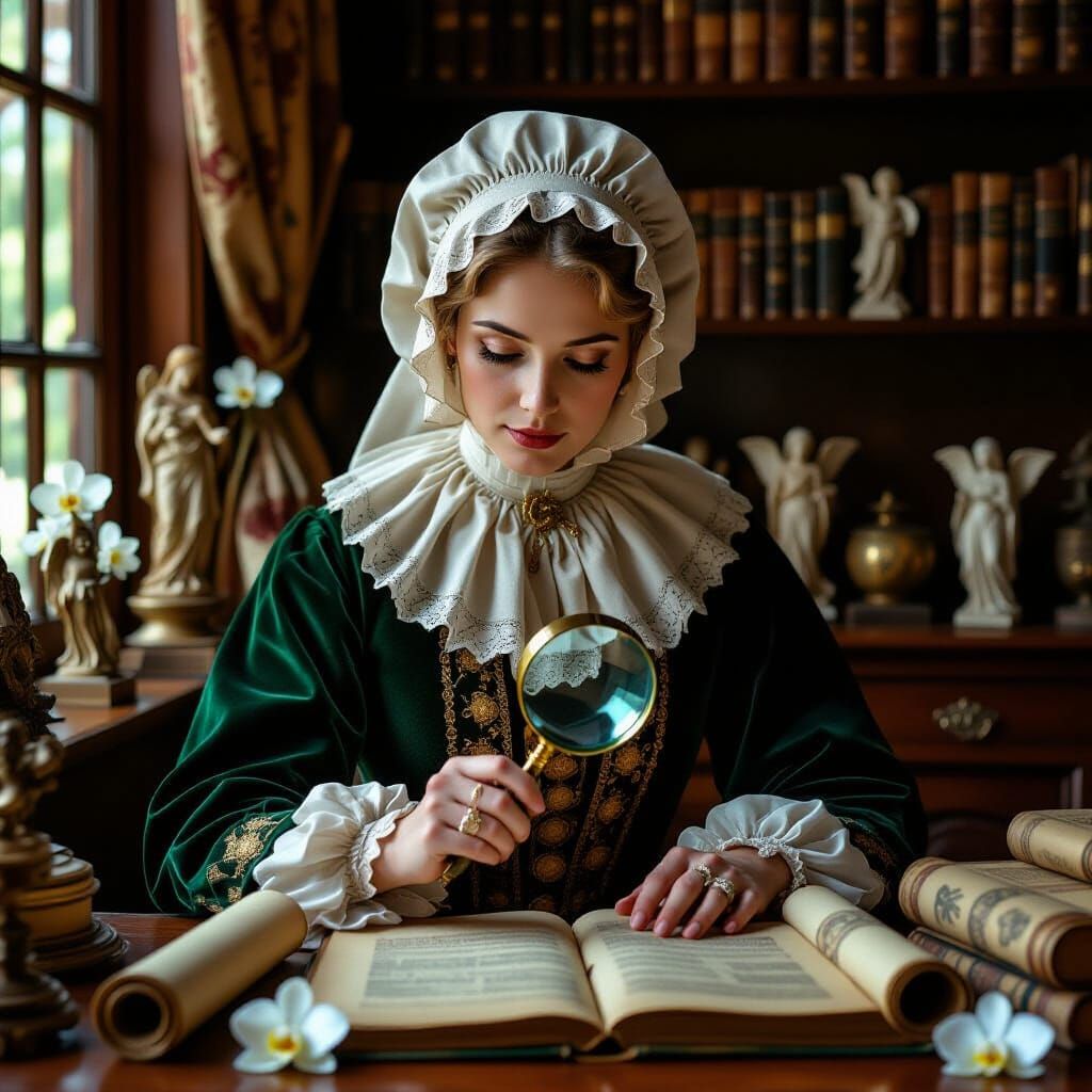 Baroque Archivist Examining Artifacts with Magnifying Glass