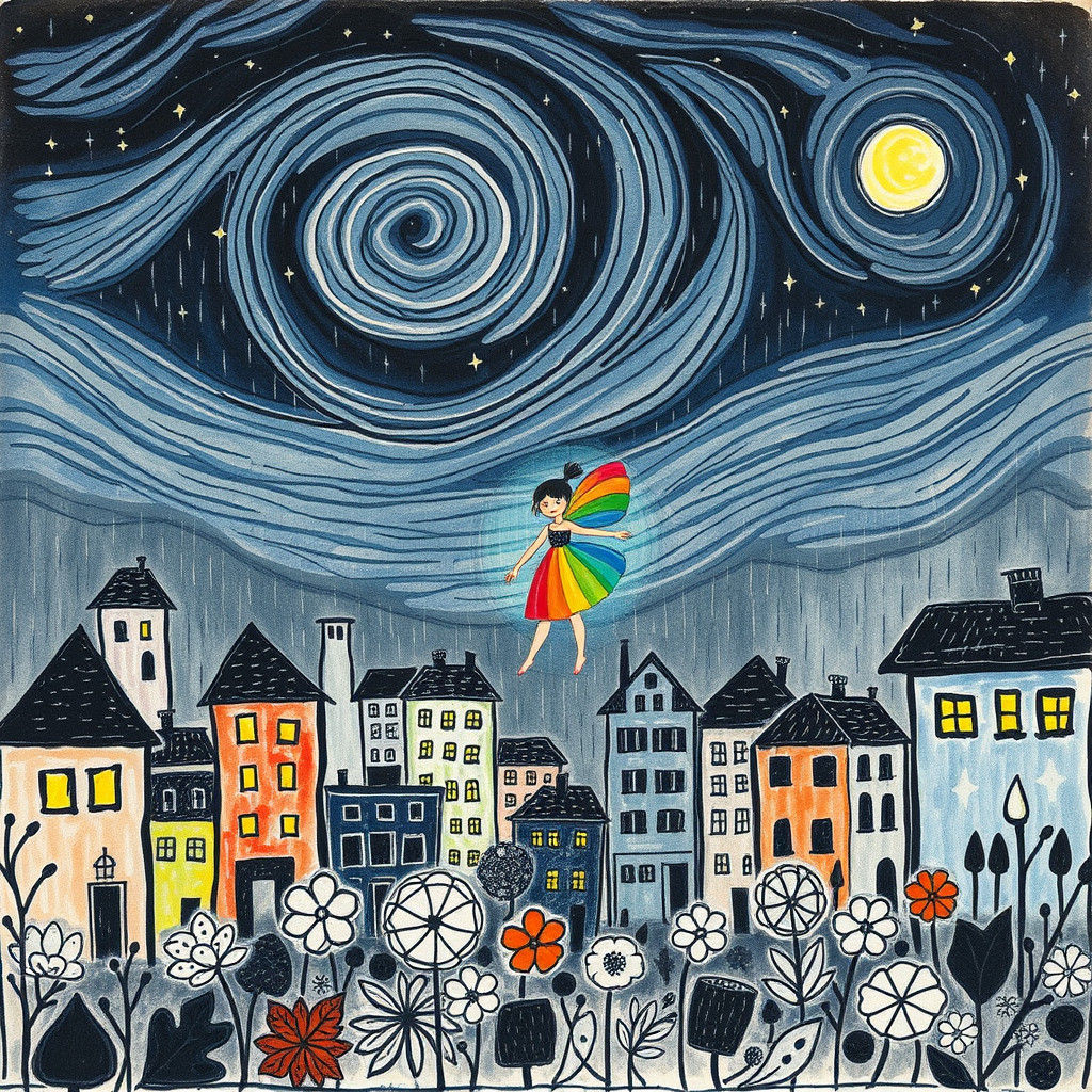 Crayon Cityscape with Rainbow Fairy in Naive Style