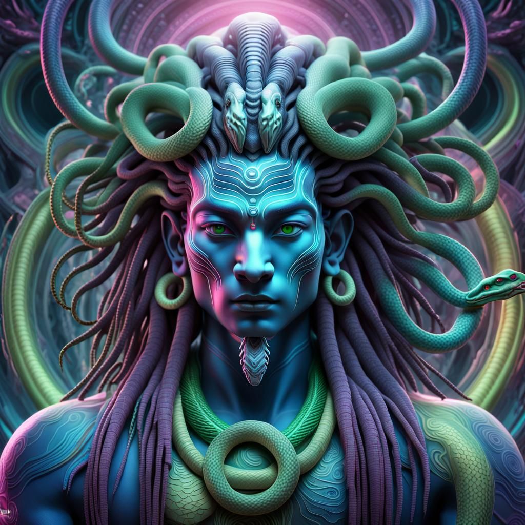 An alien, lord shiva head with dreadlocks and a snake in his neck.