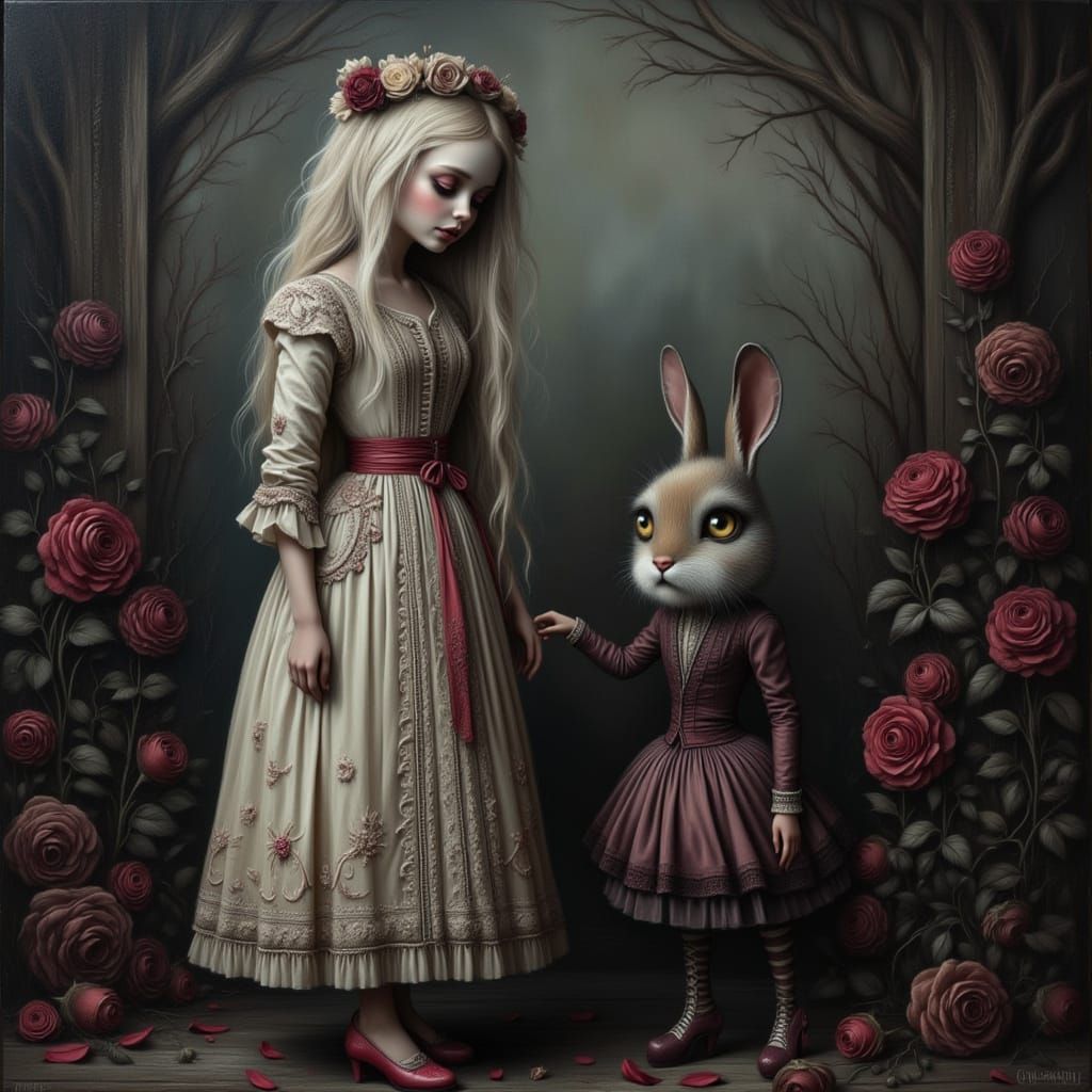 Gothic Victorian Girl Beside Rabbit in Ethereal Surrealism