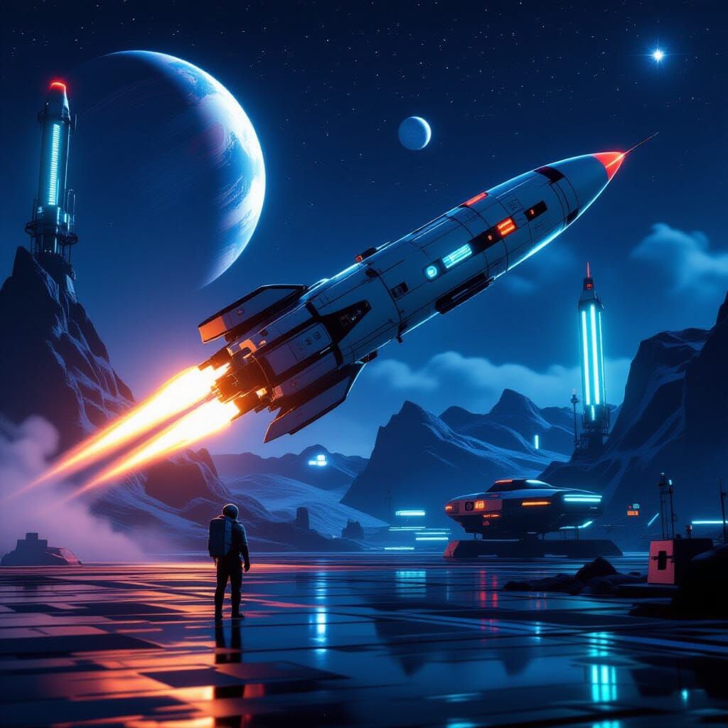 Rocket Launch in Sci-Fi Landscape Inspired by Syd Mead