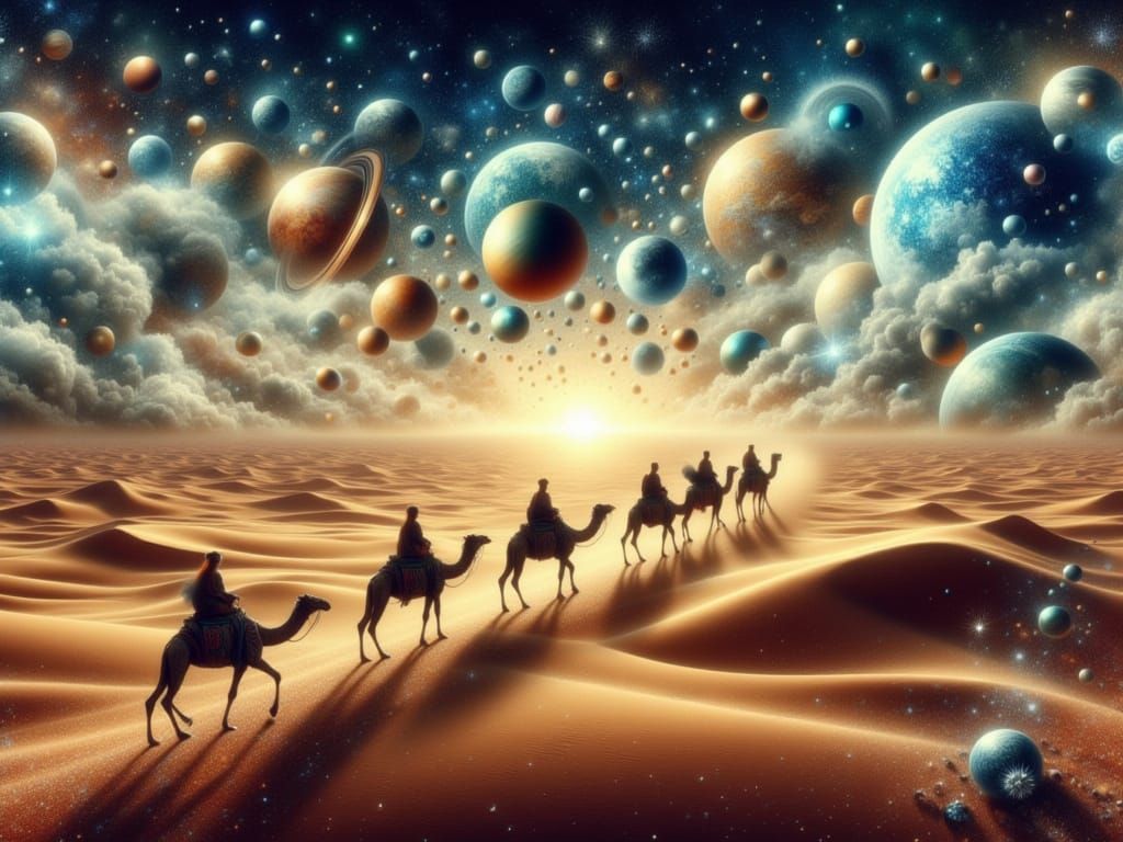 Dreamlike Desert Sky with Celestial Procession