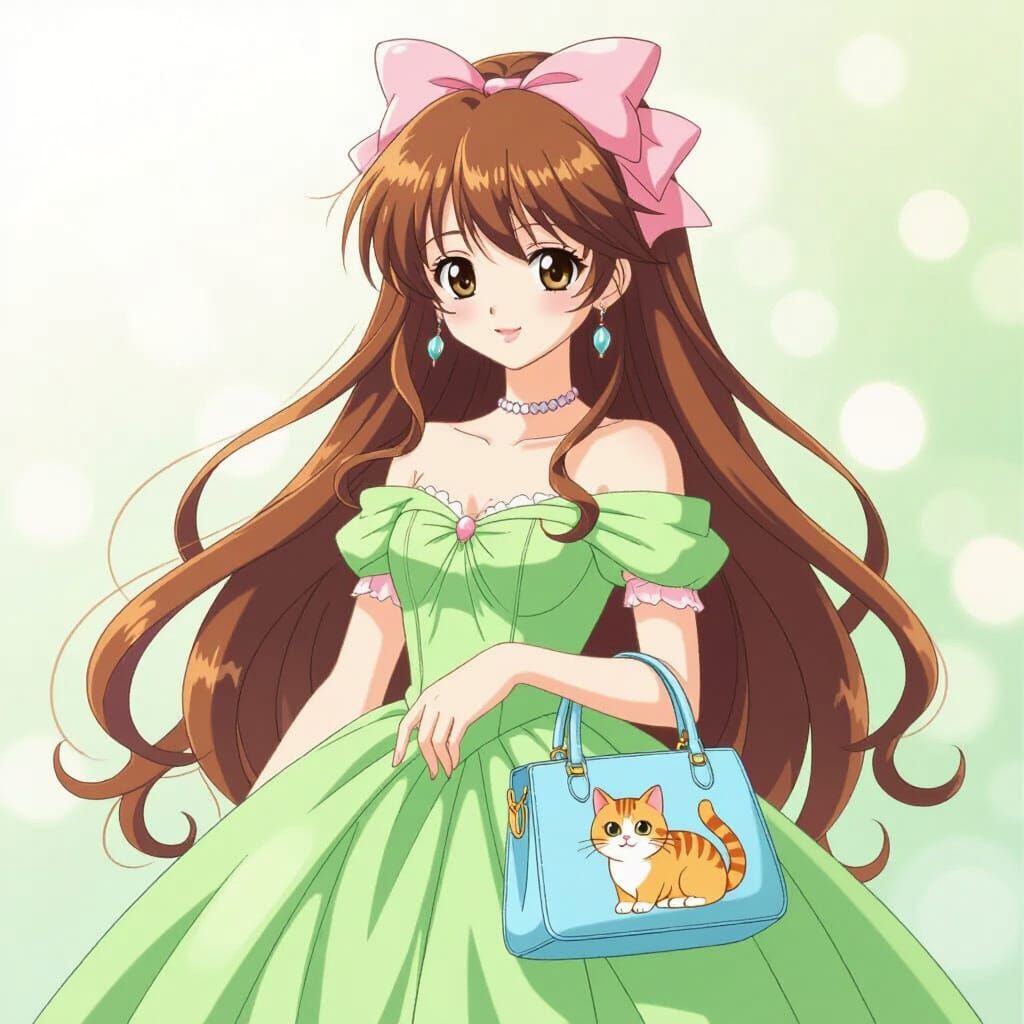 Anime Girl in Green Gown with Pink Bow and Cat Handbag