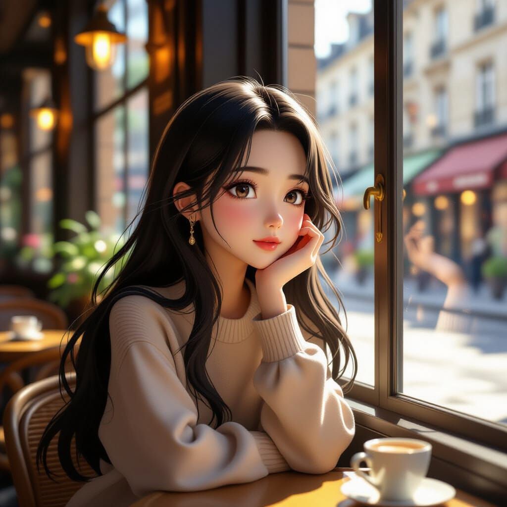 Young Asian Girl Gazes Out Paris Cafe Window in 3D Anime Sty...
