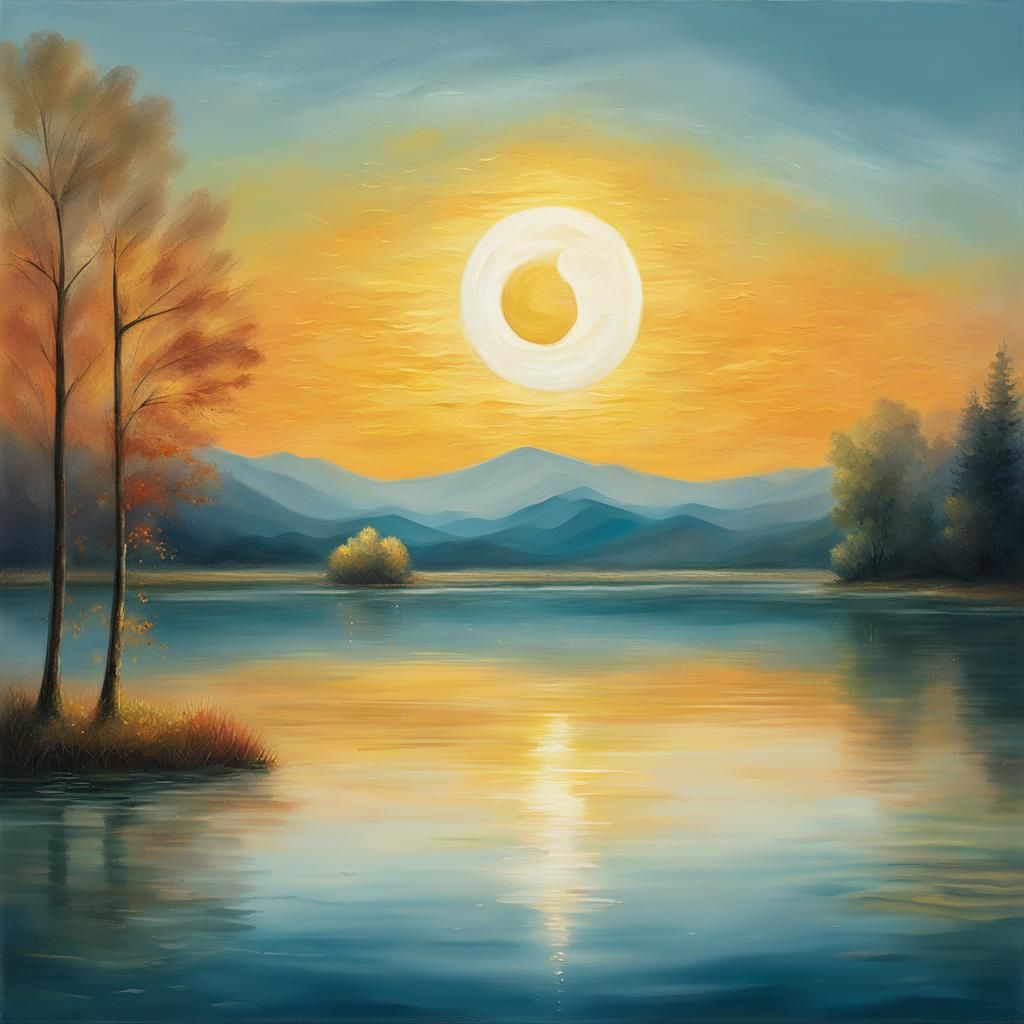 Surreal Lake Reflecting Sun and Moon Shapes