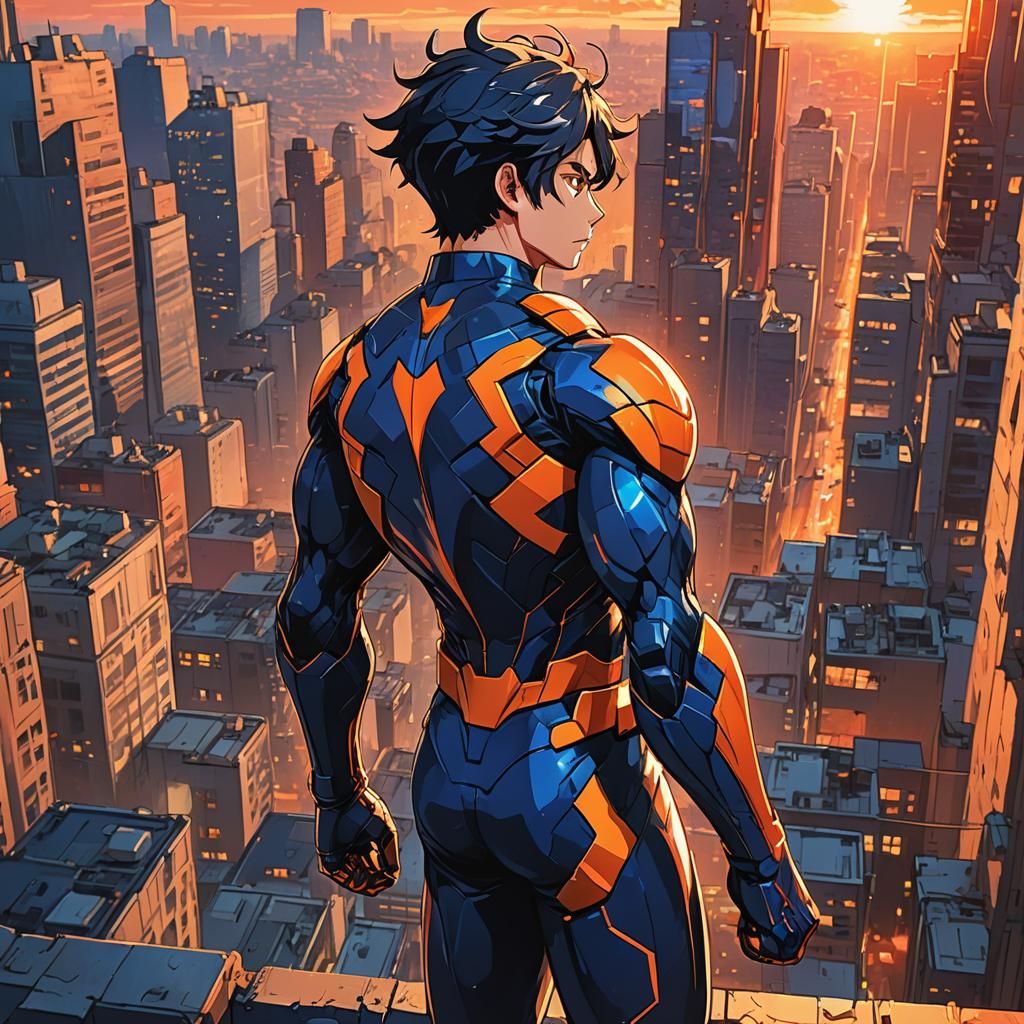 Superhero in Cityscape Sunset: Vibrant Anime Art