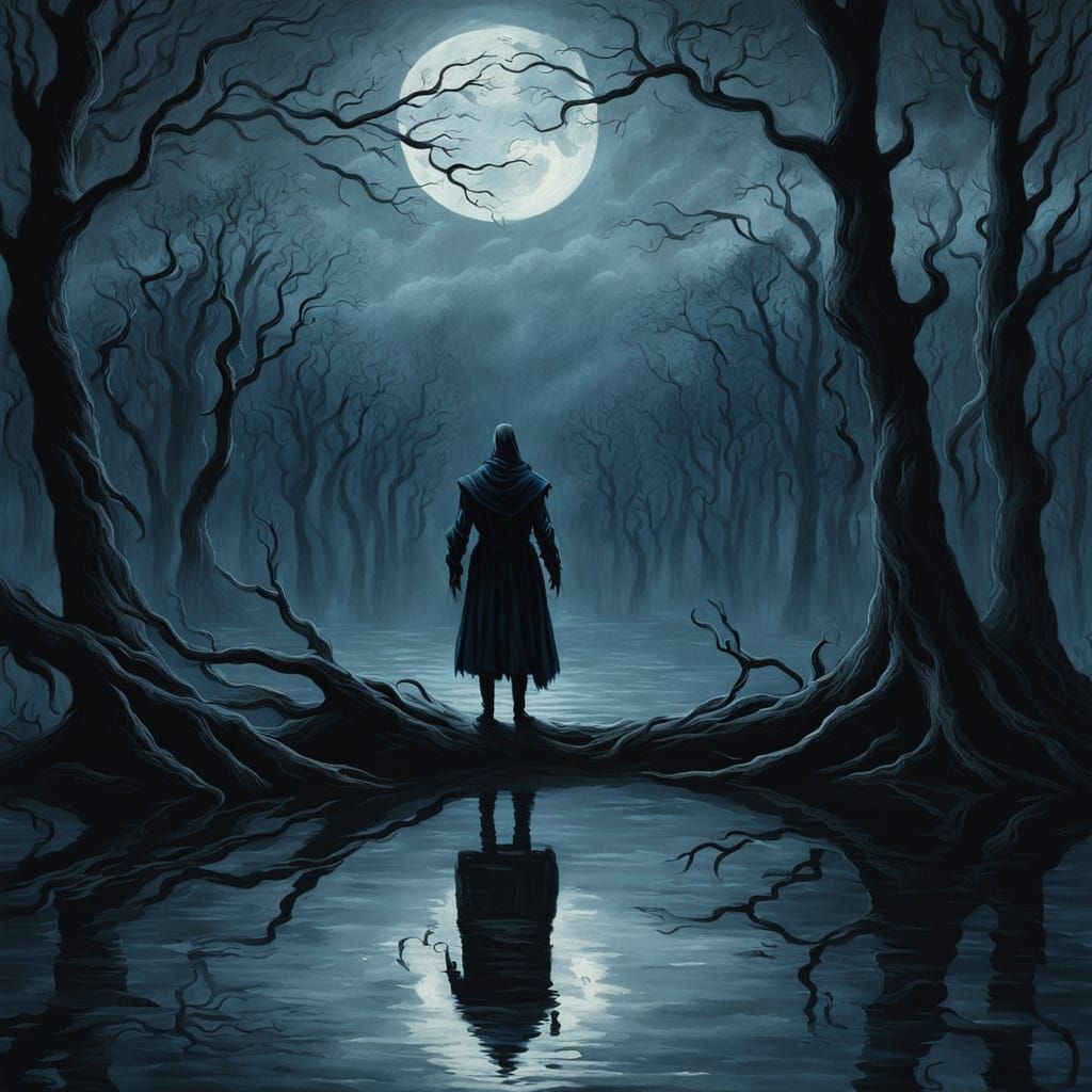 Dark Fantasy Figure at Lake's Edge: Gothic Oil Painting