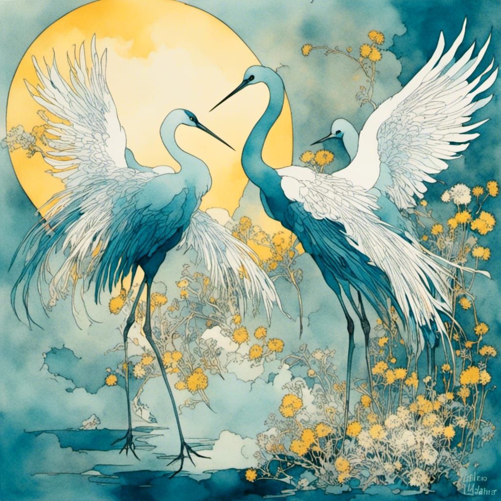 Dancing Chinese Cranes in Calligraphy Style