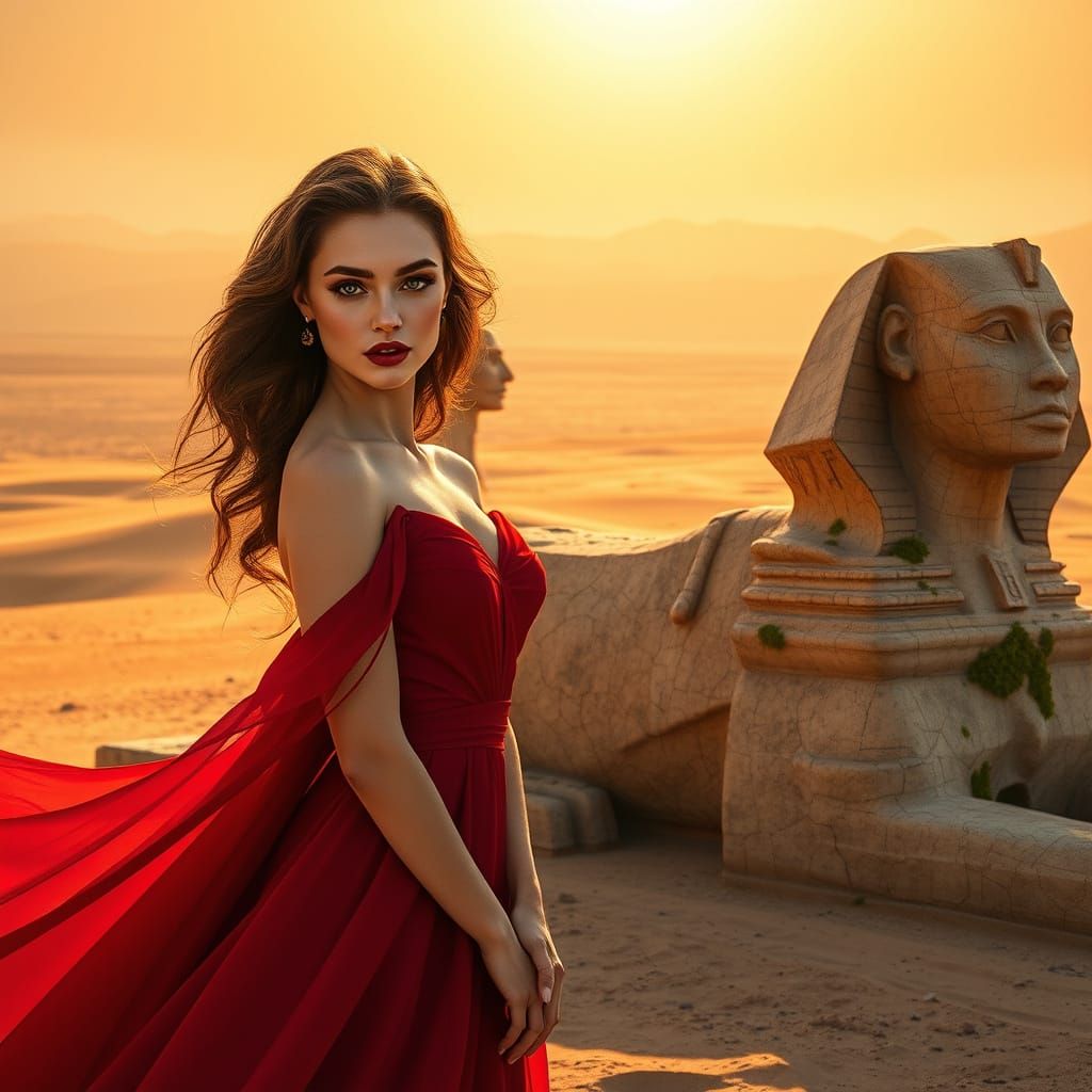 Fashion Model Beside Ancient Sphinx in Desert