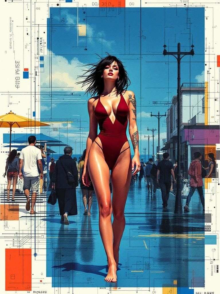 Edgy Woman on Boardwalk in Bauhaus Style