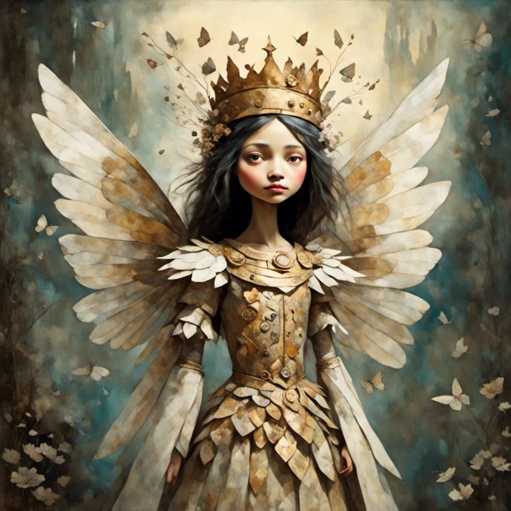 Winged Angel in Ornate Armor with Golden Crown
