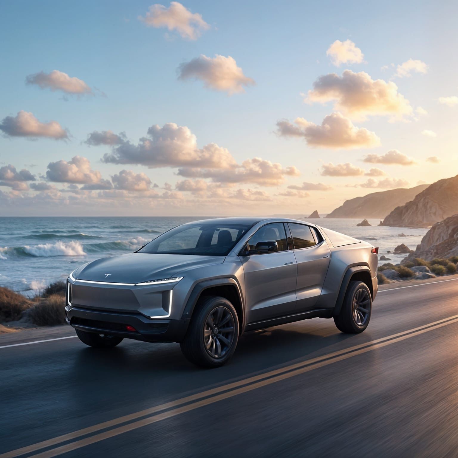 Matte Gray Cybertruck Drives Coastal Road