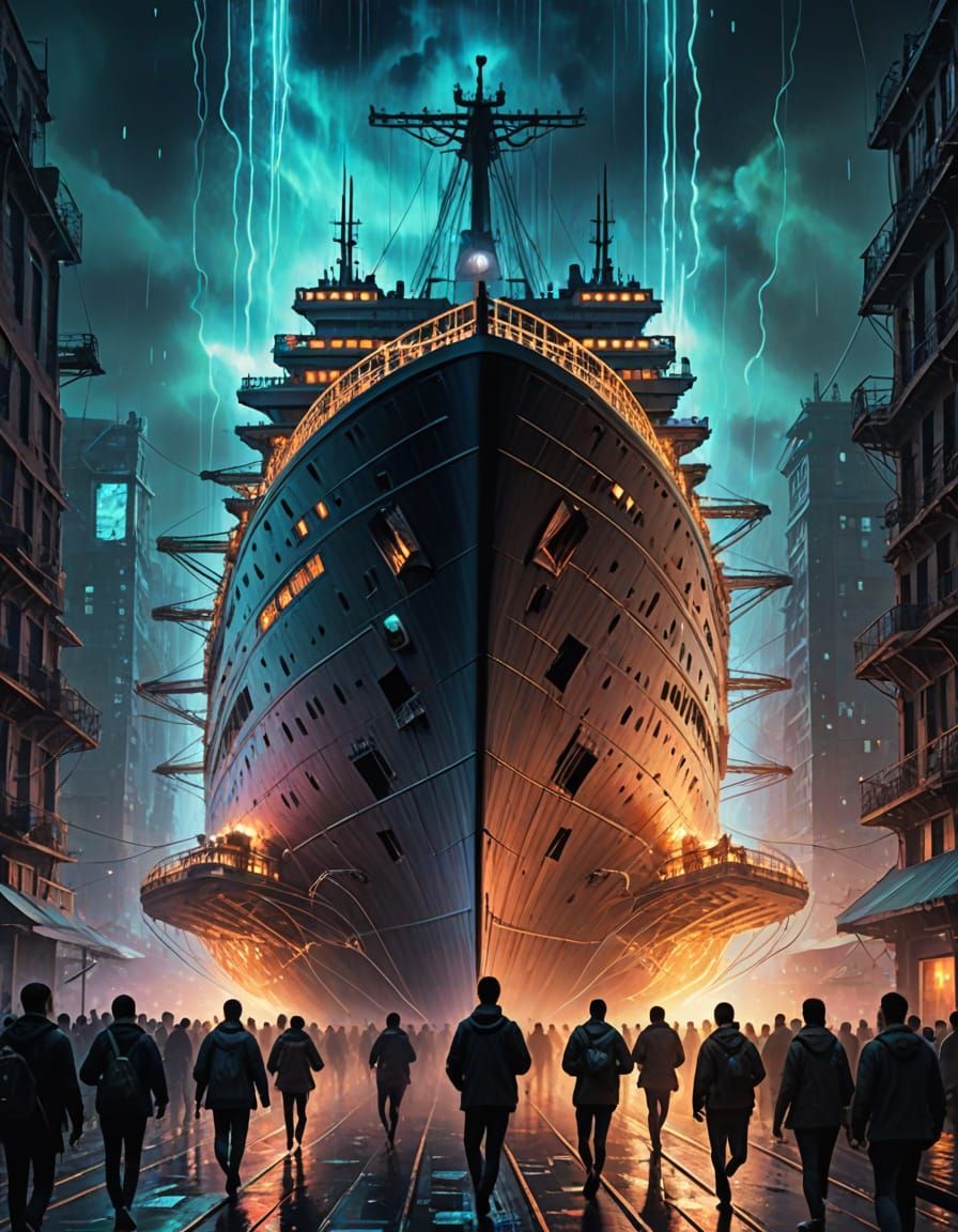 Cyberpunk Titanic Megastructure in Neon Eerie Harmony