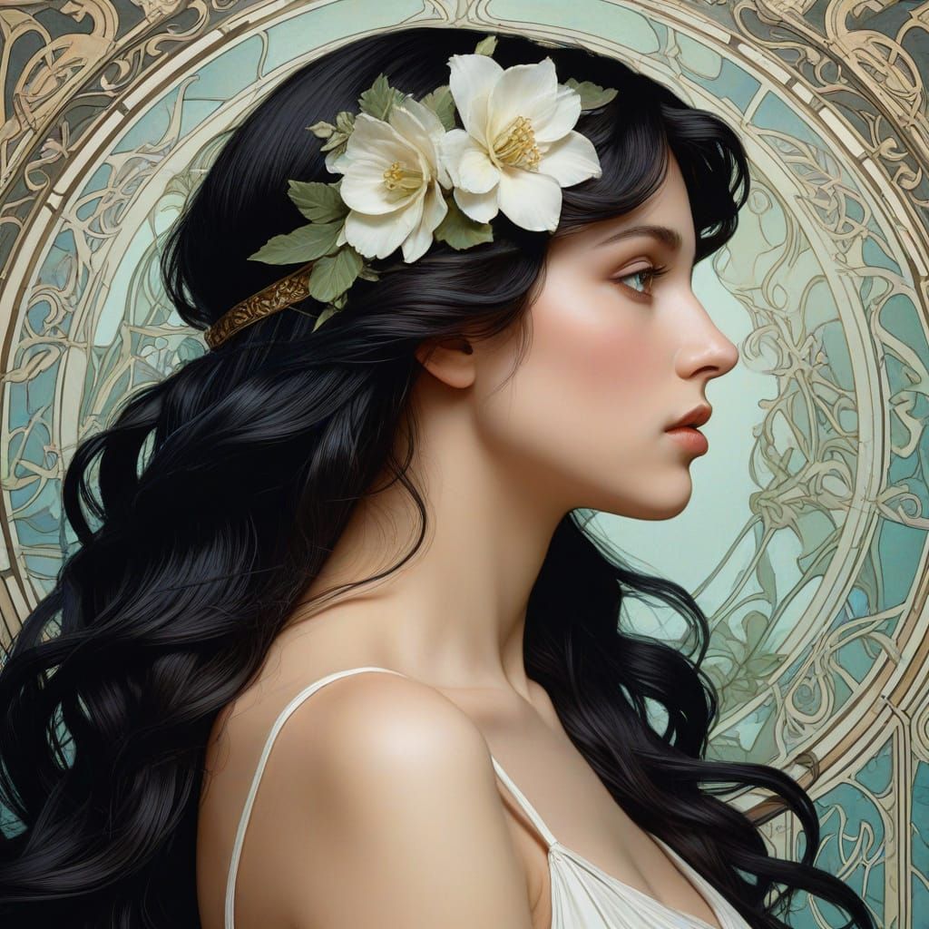 Art Nouveau Aphrodite Applying Powder in Painterly Illustrat...