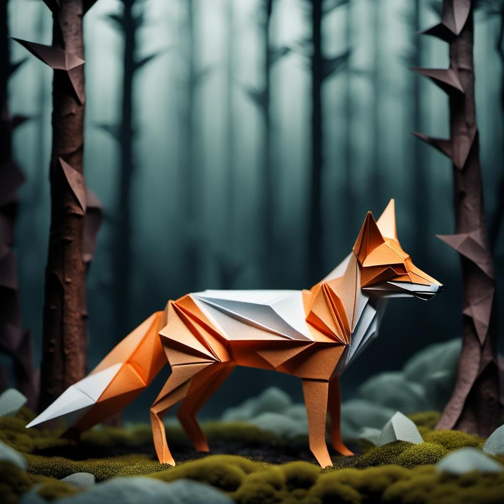 Origami Fox in Misty Forest Inspired by Japanese Art
