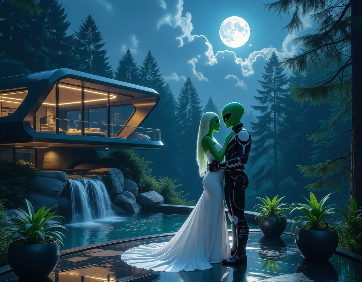 Alien couple under full moon