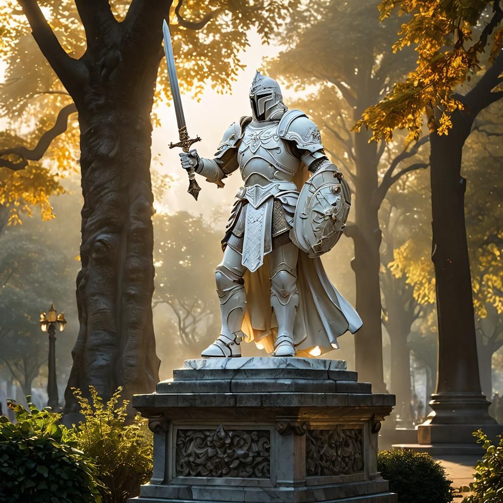 Majestic White Marble Paladin Monument in Morning Mist