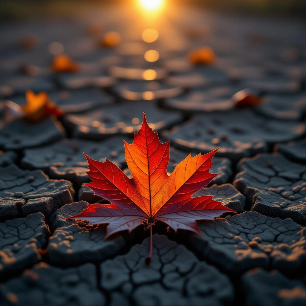 Melancholic Autumn Leaf on Dry Earth in Stark Sunlight