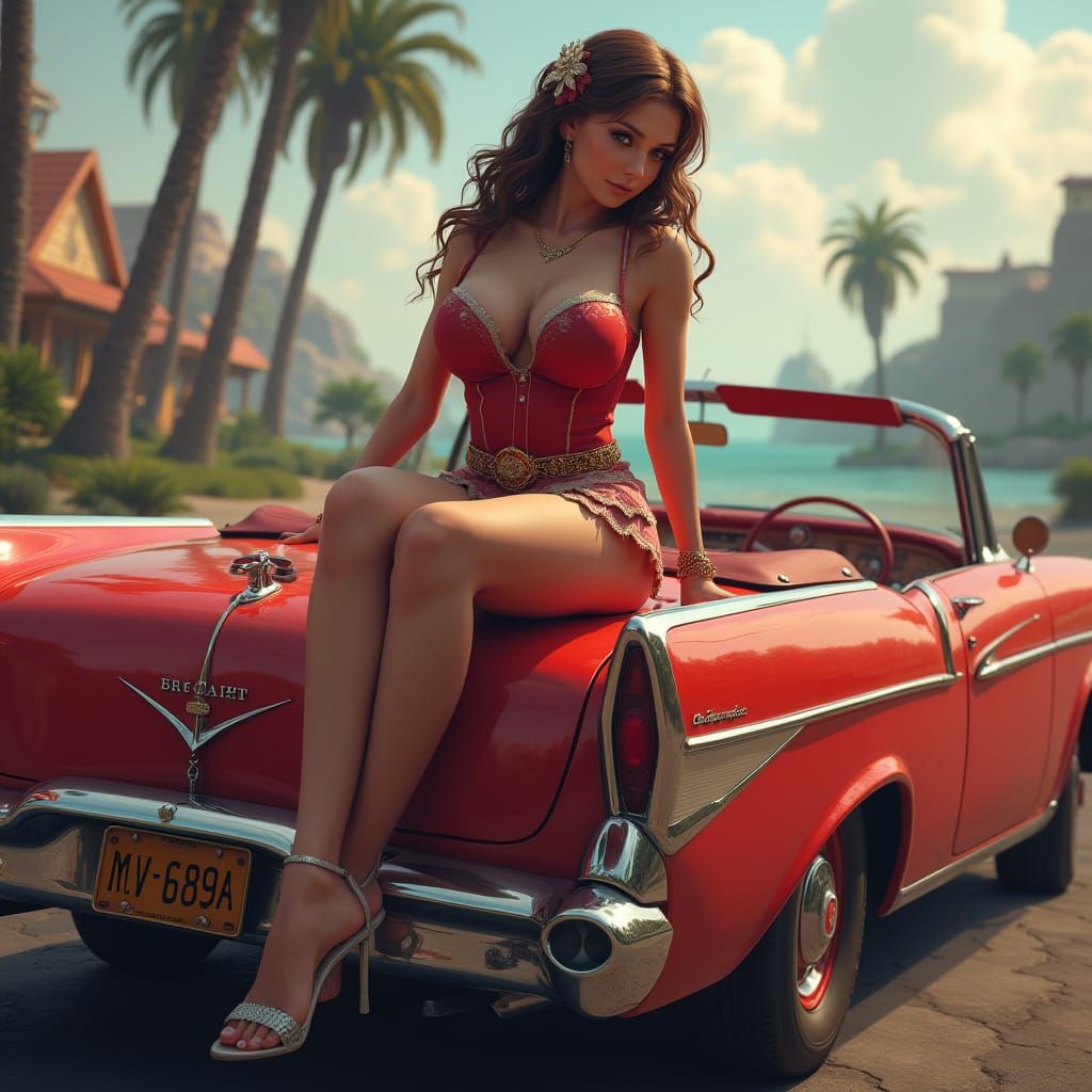 Pinup Model on Red Convertible, Detailed Fantasy Art