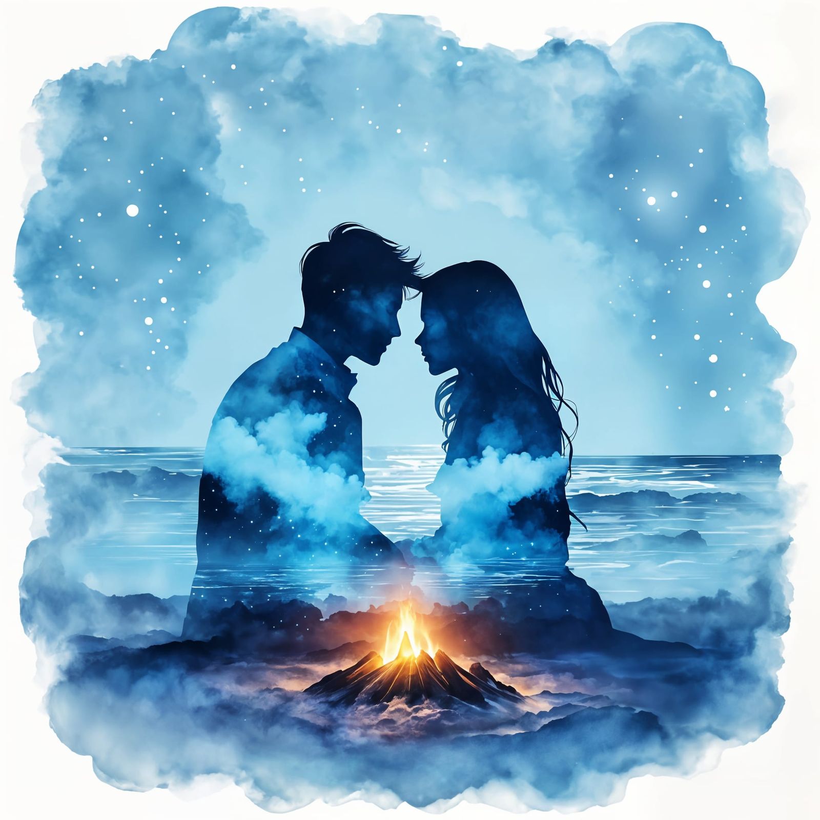 Dreamy Double Exposure: Couple on Bioluminescent Beach
