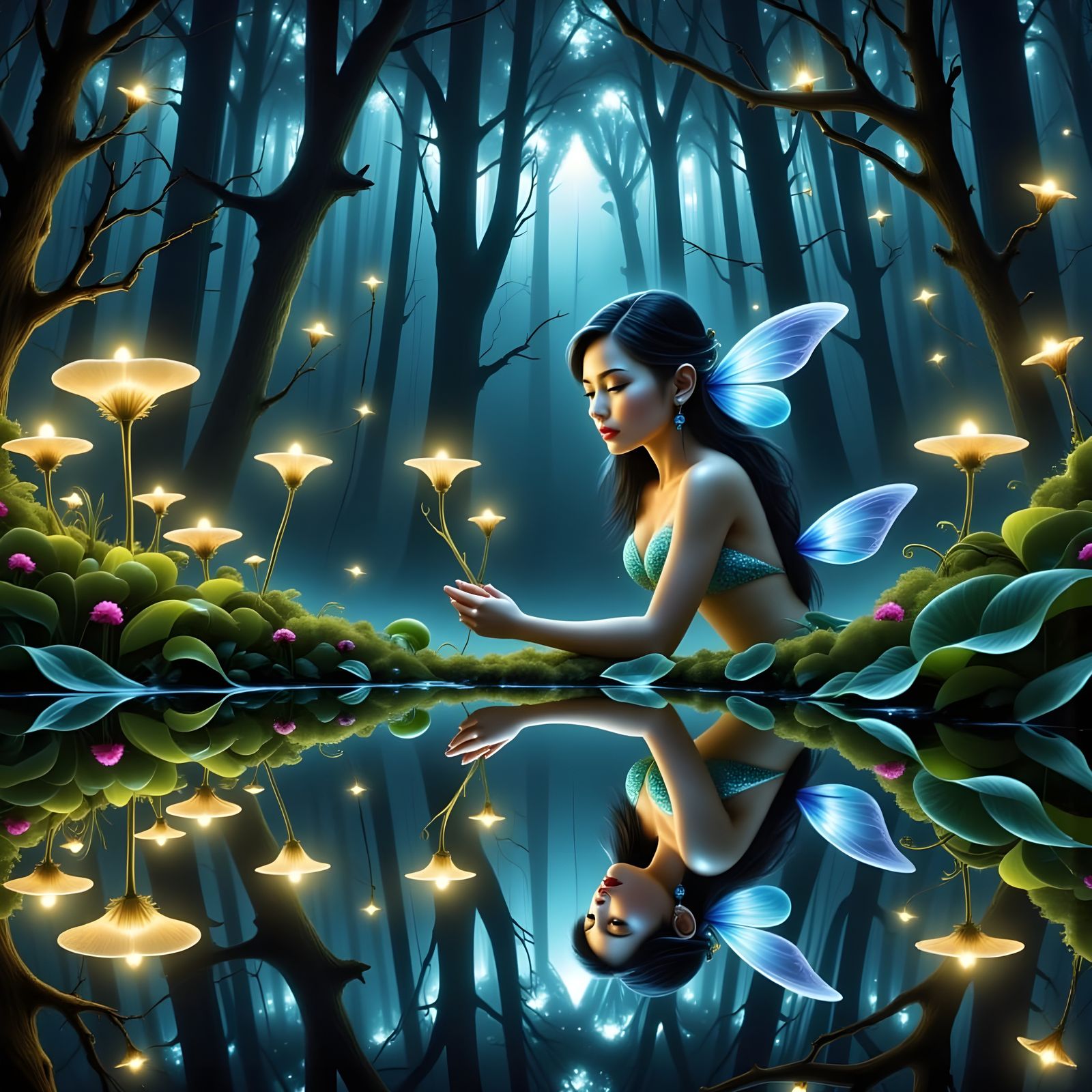 Ethereal Mermaid in Bioluminescent Forest Digital Painting