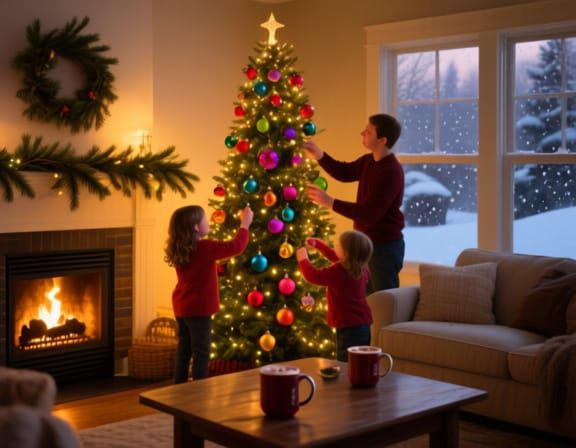 Cozy Christmas Living Room Scene at Dusk