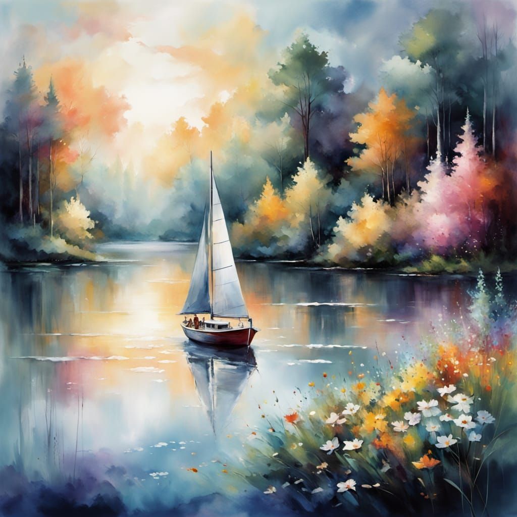 Willem Haenraets Style Expressive Watercolour of Lakeside Sc...