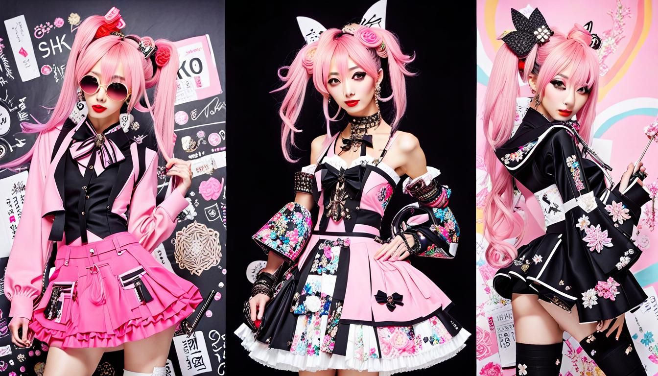 colorful collage of stylish pretty Japanese girls wearing va...